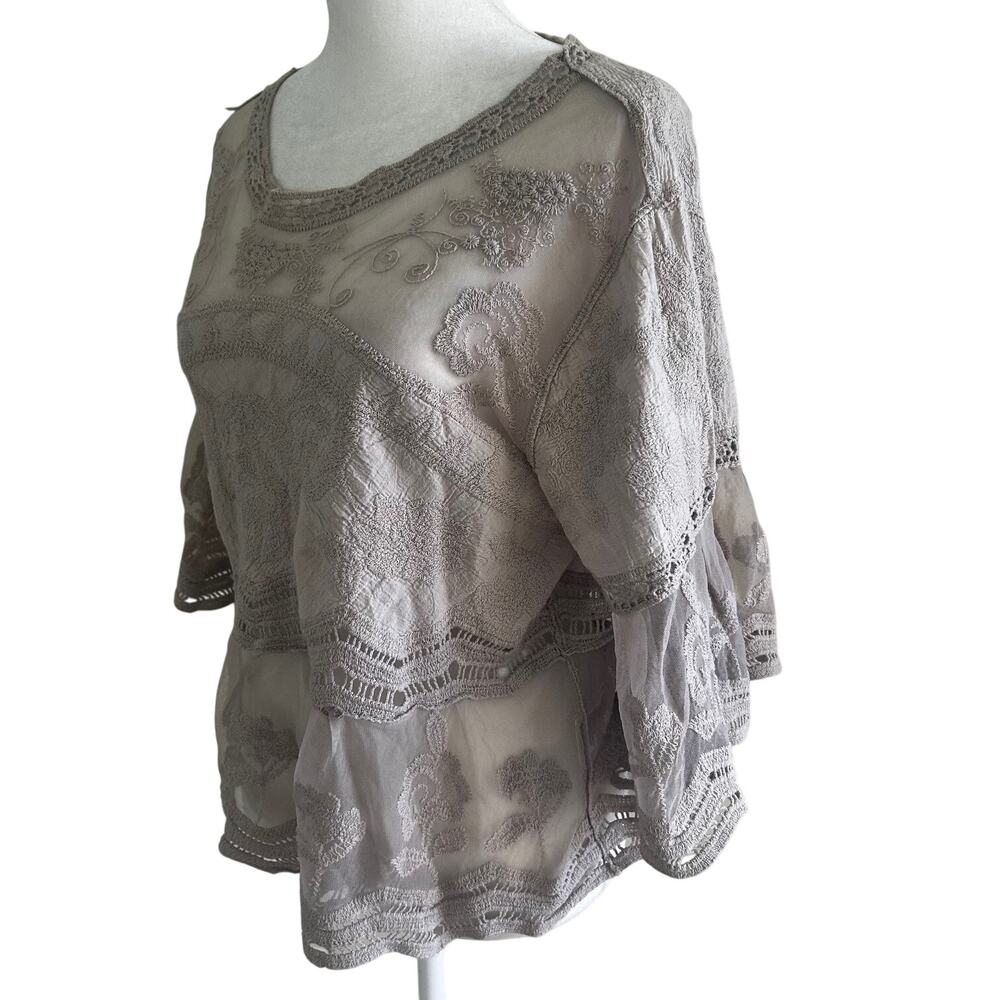 Womens Boho Lace Blouse Sheer Embroidered Cropped Lagenlook Romantic Flowy - Picture 4 of 9